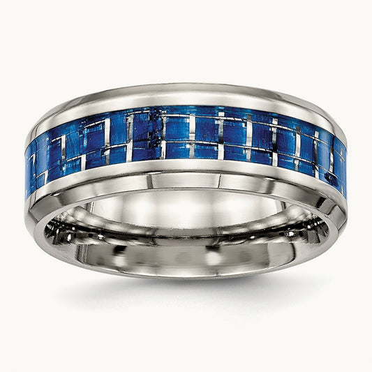 Polished w/Blue Carbon Fiber Inlay Beveled Edge Band, 8mm, Stainless Steel