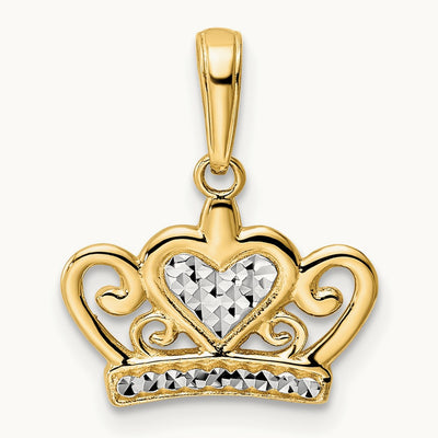Diamond-cut Heart Crown Pendant, 14K with White Rhodium