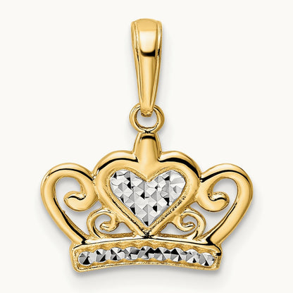 Diamond-cut Heart Crown Pendant, 14K with White Rhodium