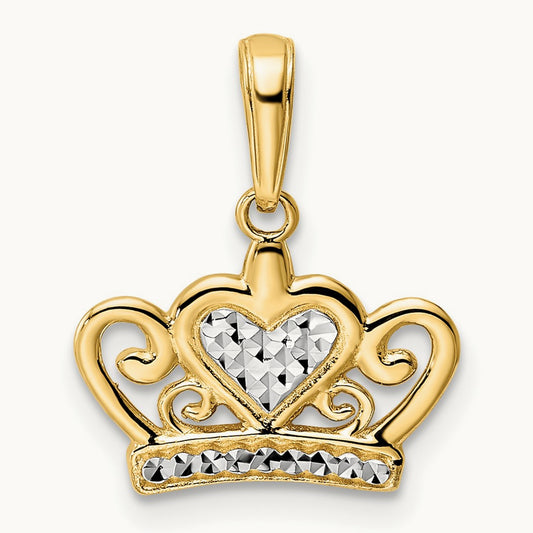Diamond-cut Heart Crown Pendant, 14K with White Rhodium