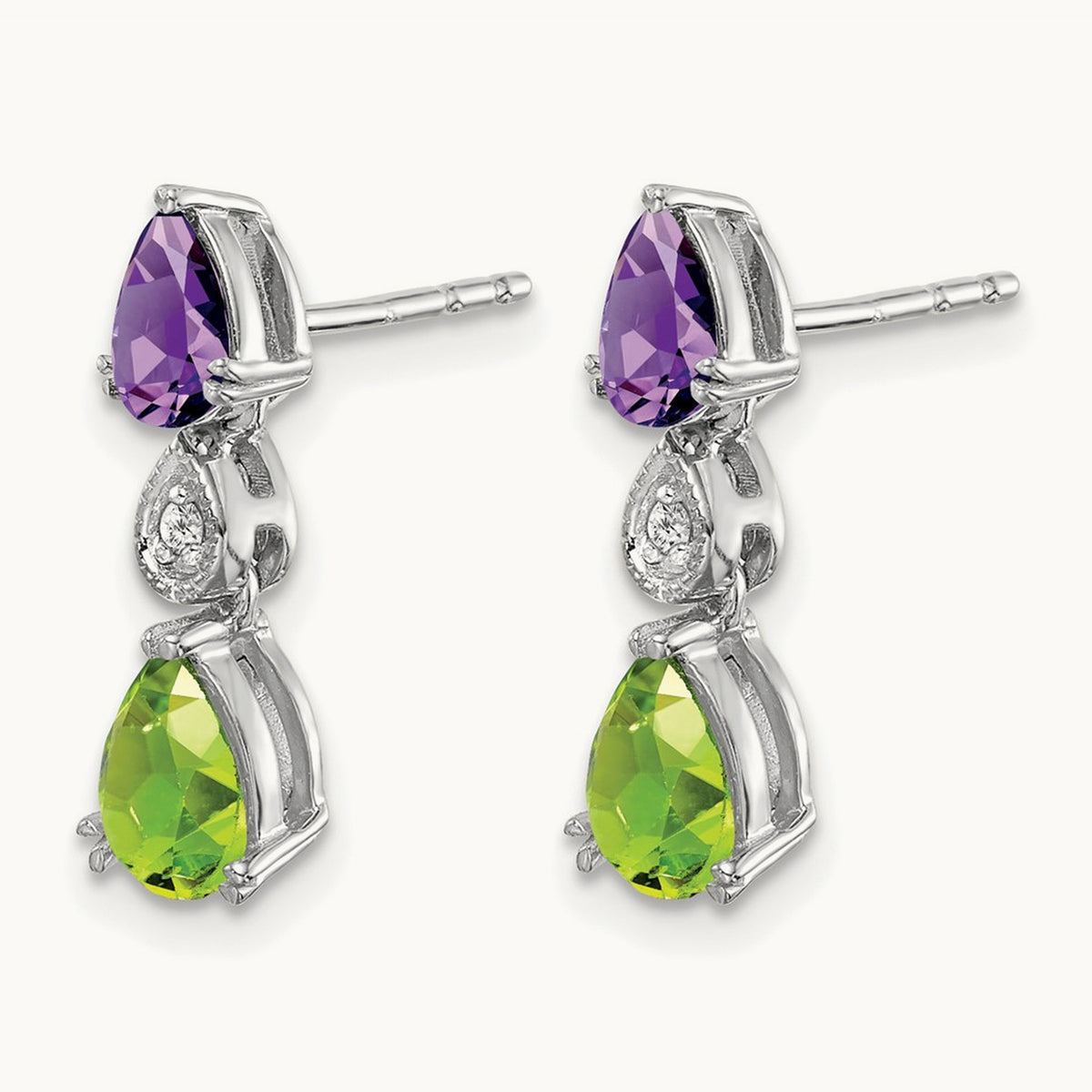Amethyst/Peridot/Diamond Earrings, 14K White Gold