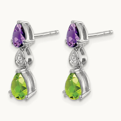 Amethyst/Peridot/Diamond Earrings, 14K White Gold