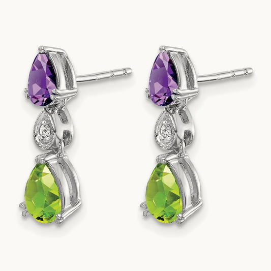 Amethyst/Peridot/Diamond Earrings, 14K White Gold