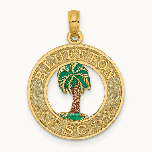BLUFFTON SC Circle Enameled Palm Tree Charm, 14K