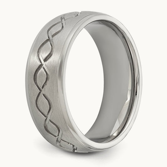 Brushed & Polished Scroll Design Ridged Edge Band, 8mm, Stainless Steel