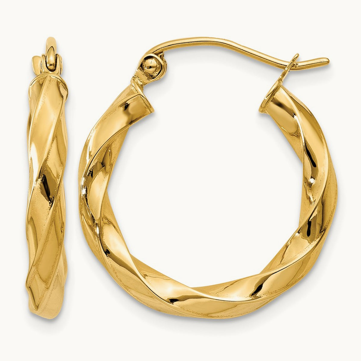 Square Tube Twisted Hoop Earrings — 14K Yellow Gold, 20mm, 3mm