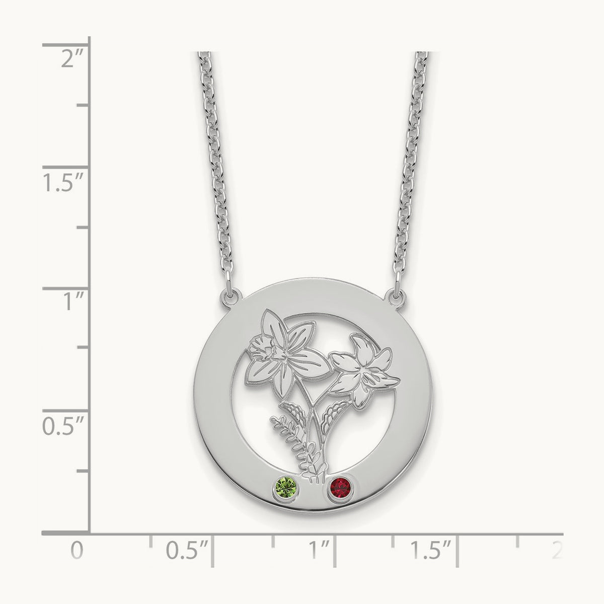 SS/Rhod-plated Circle w/2 Birth Flower and Birthstone Necklace