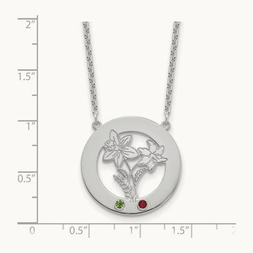 SS/Rhod-plated Circle w/2 Birth Flower and Birthstone Necklace