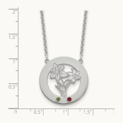 SS/Rhod-plated Circle w/2 Birth Flower and Birthstone Necklace