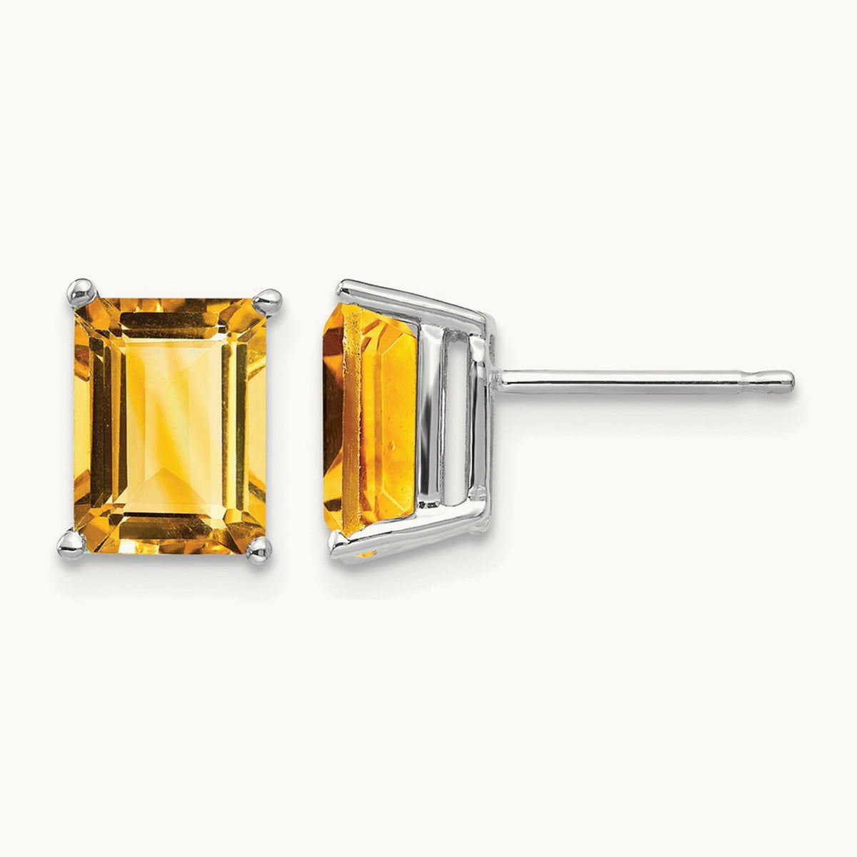 8x6mm Emerald Cut Citrine Earrings, 14K White Gold