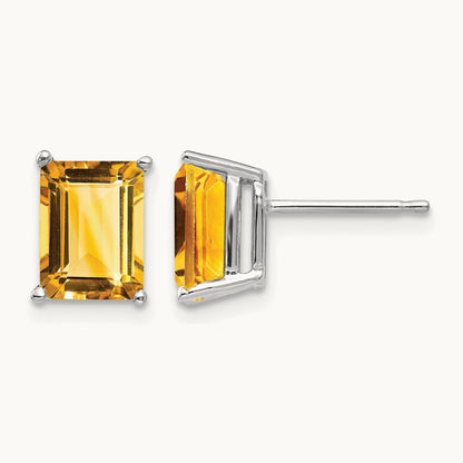 8x6mm Emerald Cut Citrine Earrings, 14K White Gold