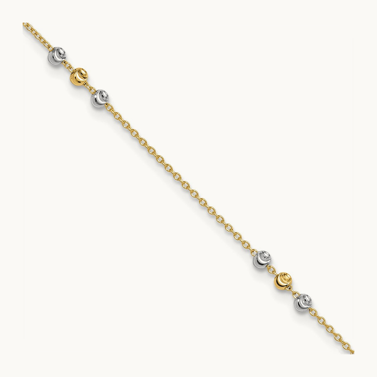 Polished Diamond-cut Beaded 9in Plus 1 in ext. Anklet, 14K Two-tone