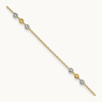 Polished Diamond-cut Beaded 9in Plus 1 in ext. Anklet, 14K Two-tone