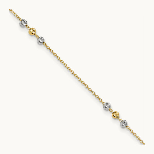 Polished Diamond-cut Beaded 9in Plus 1 in ext. Anklet, 14K Two-tone