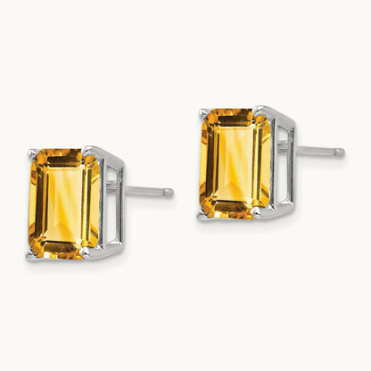 10x8 Emerald Cut Citrine Stud Earrings, 14K White Gold