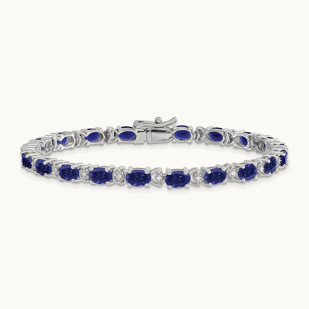 Oval Created Sapphire and Diamond Bracelet, 14K White Gold