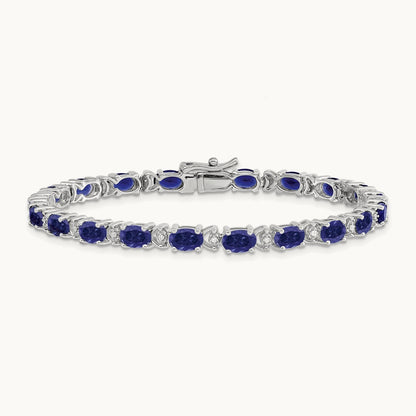 Oval Created Sapphire and Diamond Bracelet, 14K White Gold