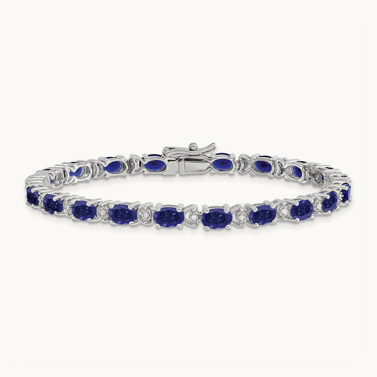 Oval Created Sapphire and Diamond Bracelet, 14K White Gold