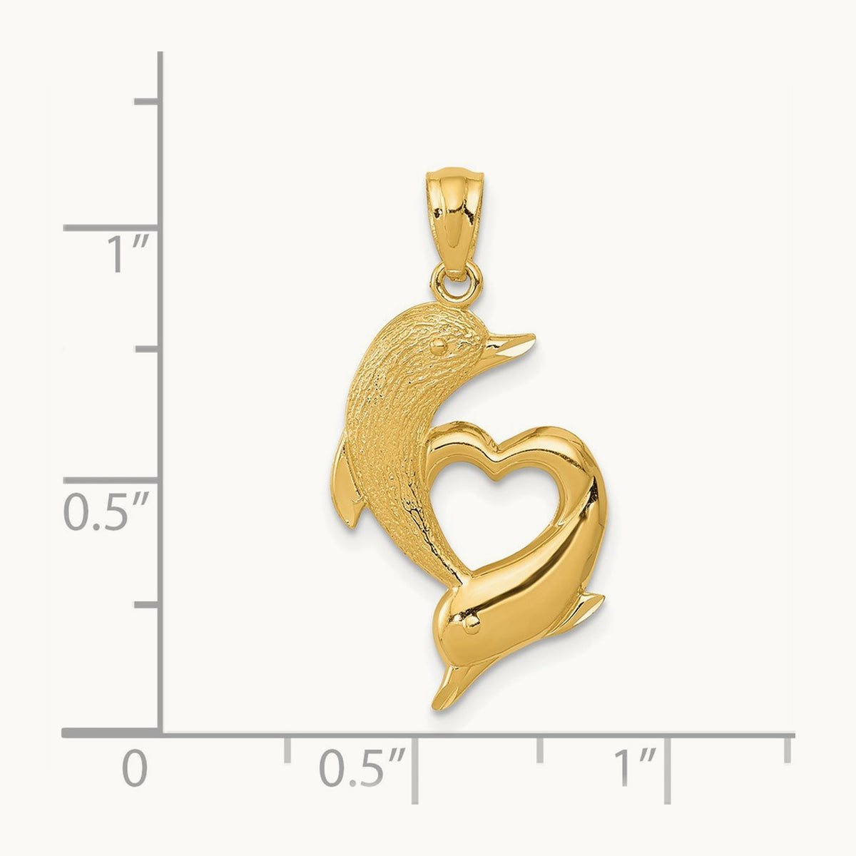 D/C Satin and Polished Dolphins Heart Pendant, 14K
