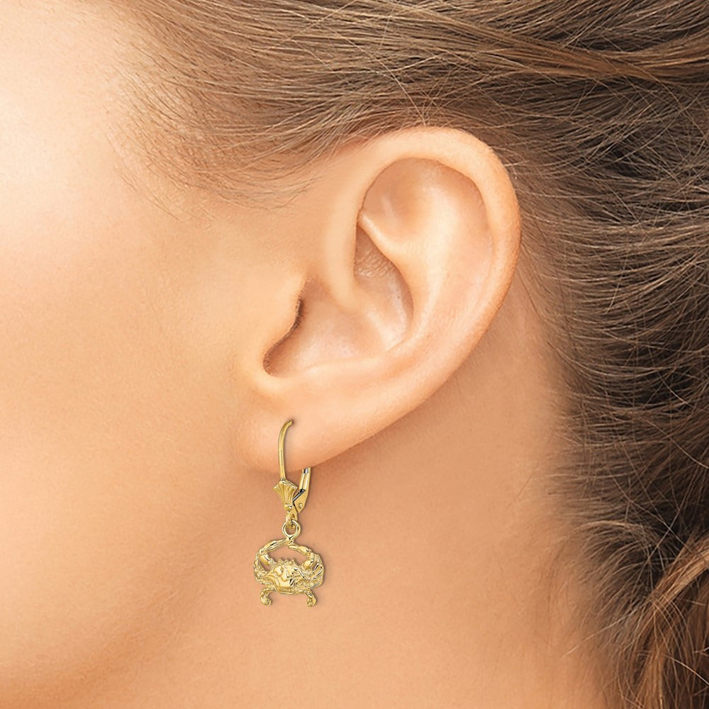 Blue Crab Leverback Earrings — 14K Yellow Gold