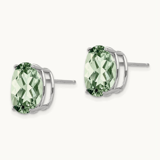 12x10 Oval Green Quartz Earrings, 14K White Gold