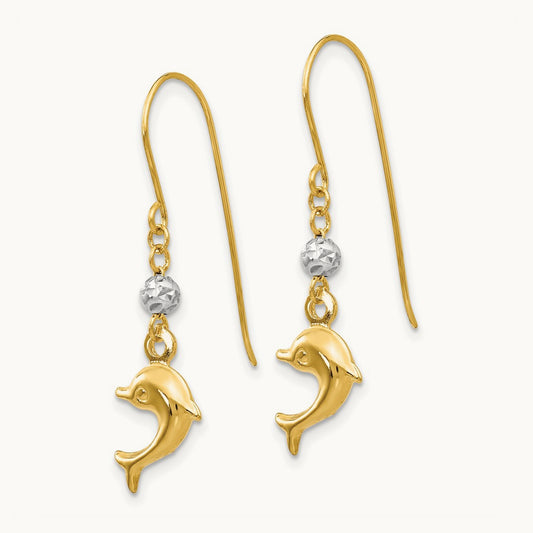Two Toned Puffed Dolphin Shepherd Hook Earrings, 14K