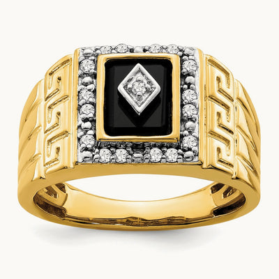 Onyx and Diamond Greek Key Design Mens Ring, 14K