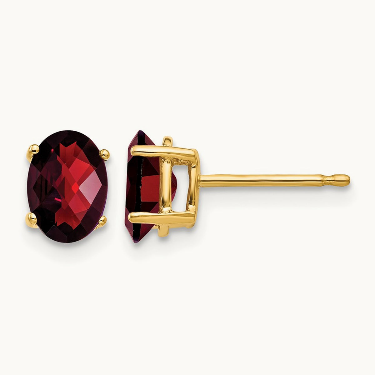 7x5mm Oval Garnet Checker Earrings, 14K