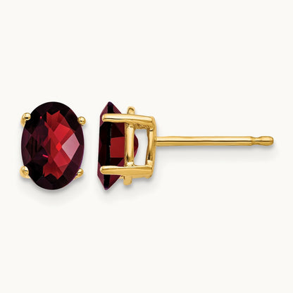 7x5mm Oval Garnet Checker Earrings, 14K