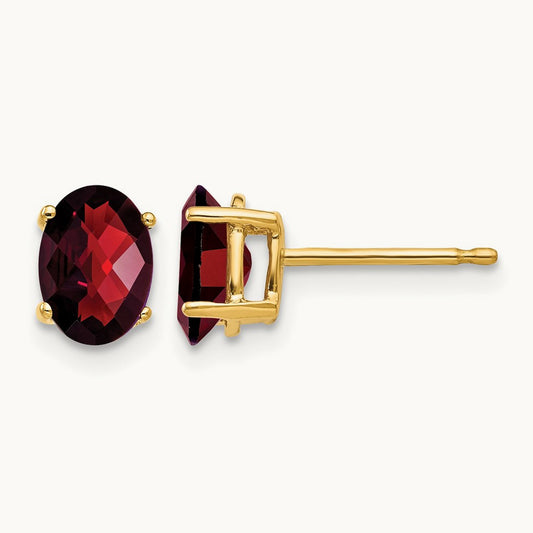 7x5mm Oval Garnet Checker Earrings, 14K