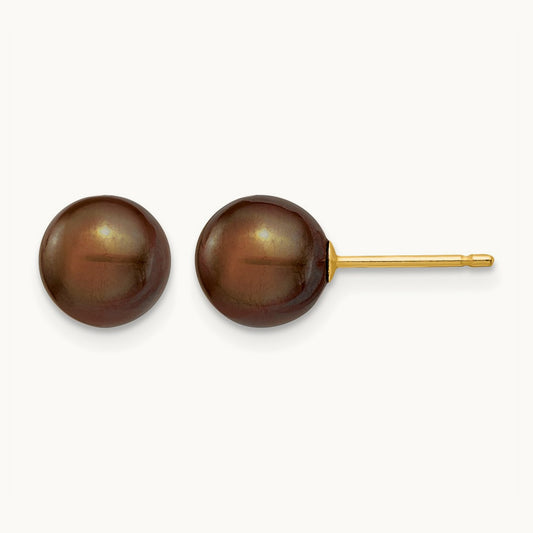 7- Brown Round Freshwater Cultured Pearl Stud Post Earrings, 8mm, 14K
