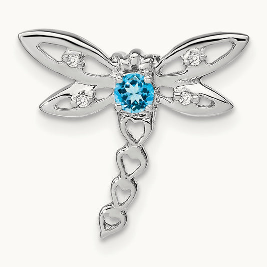 Blue Topaz and Diamond Dragonfly Chain Slide, 14K White Gold