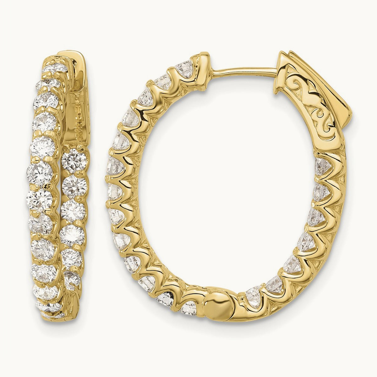 2ct 40- In/Out Oval Hoop w/ Safety Clasp Diamond Earrings, 2.3mm, 14K