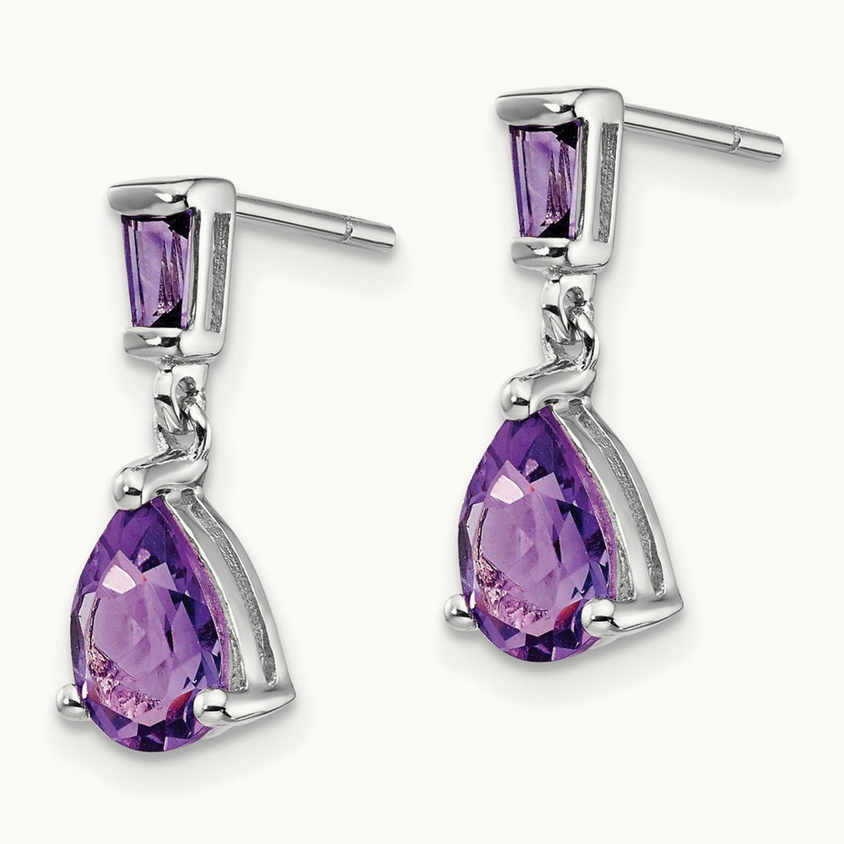 Amethyst Dangle Post Earrings — 14K White Gold