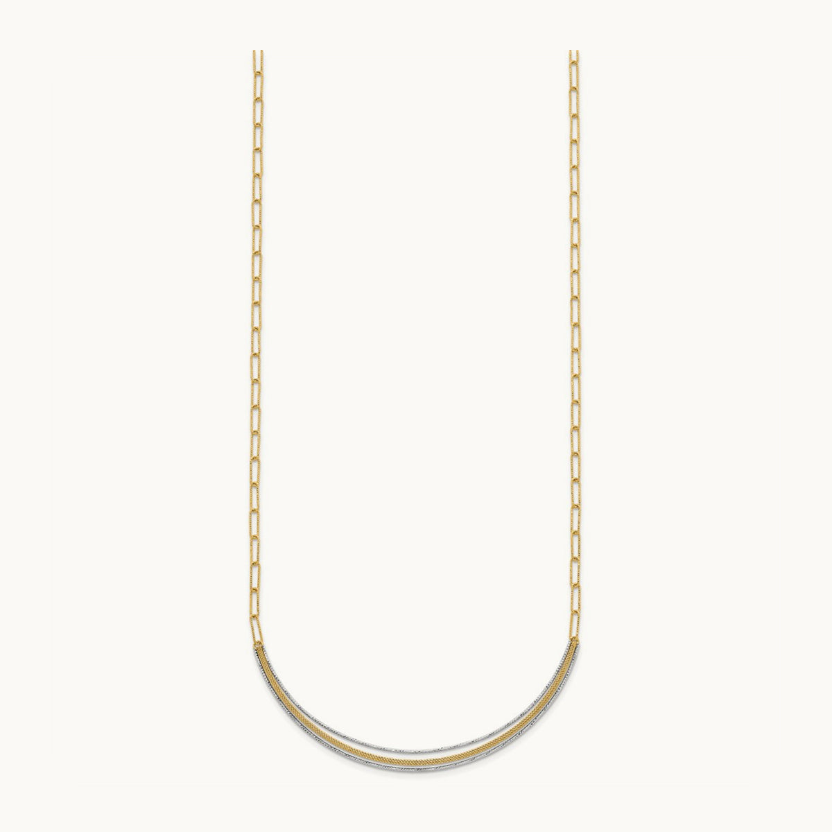 Textured Long Link w/2 inch ext Woven Smile Bar Necklace, 14K Two-tone
