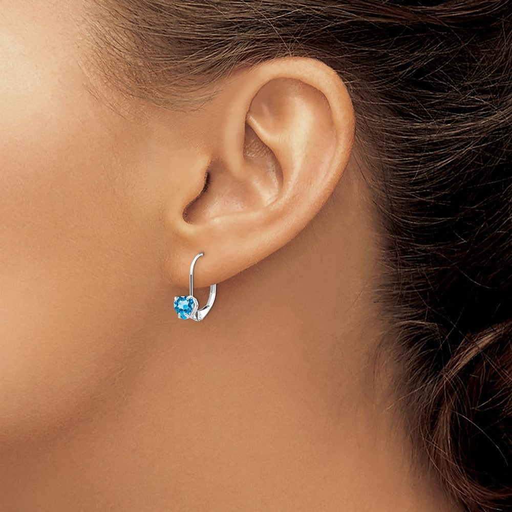 Heart Blue Topaz Leverback Earrings — 14K White Gold