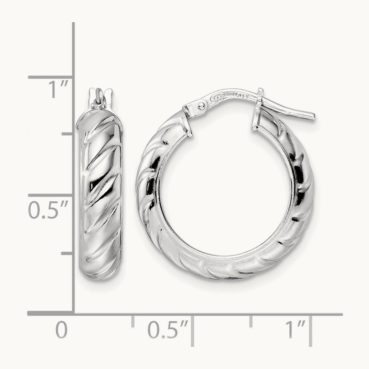 Rhod-plated Polished Textured Hoop Earrings — 21mm