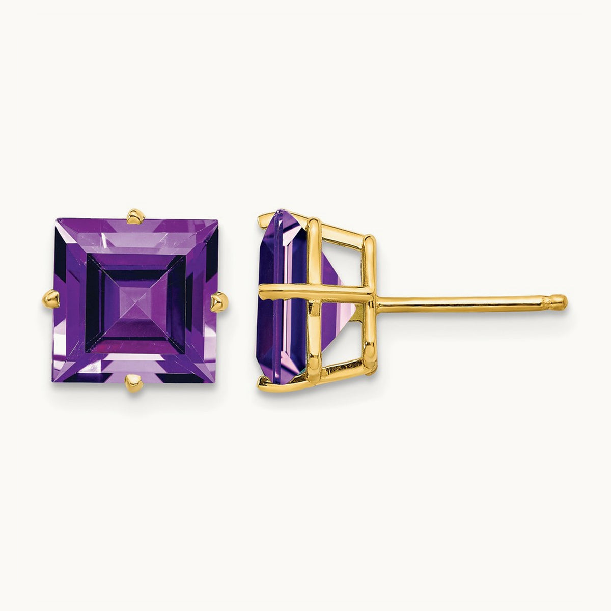 Square Step Cut Amethyst Earrings, 8mm, 14K