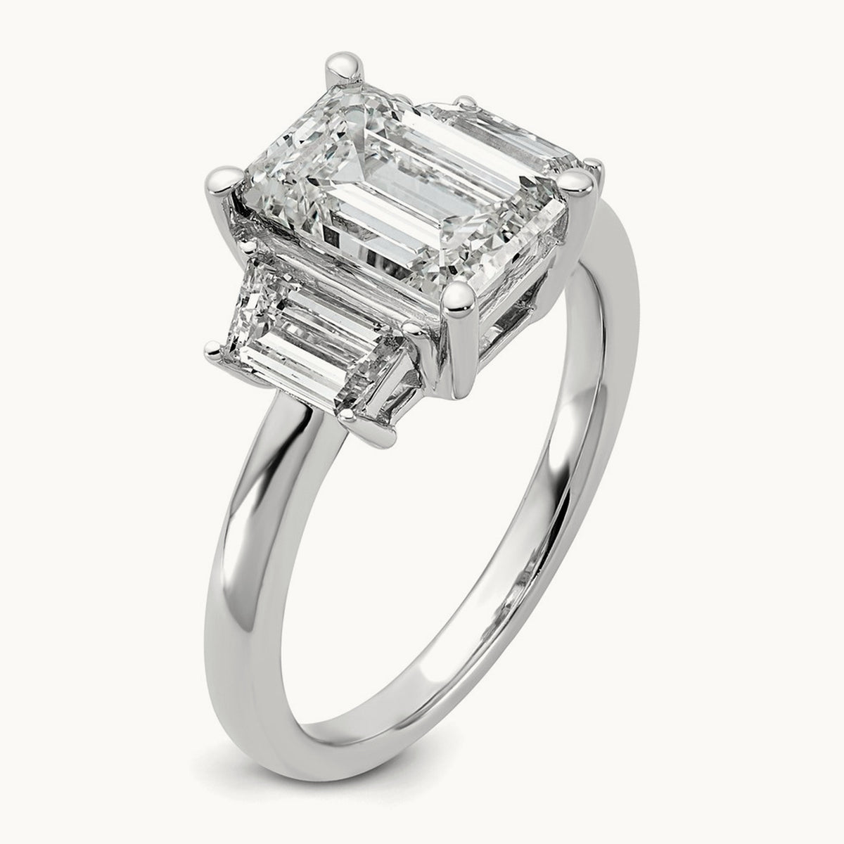 Emerald & Trapezoid Engagement Ring — 14K White Gold, 3 1/3 ct, 7