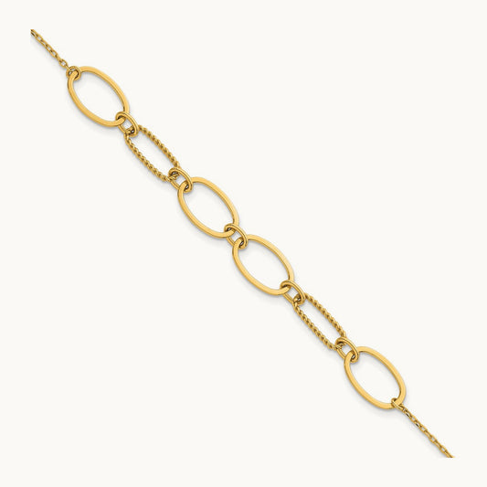 Polished And Twisted Oval Link W/.5in Ext Bracelet, 9.5mm, 14K