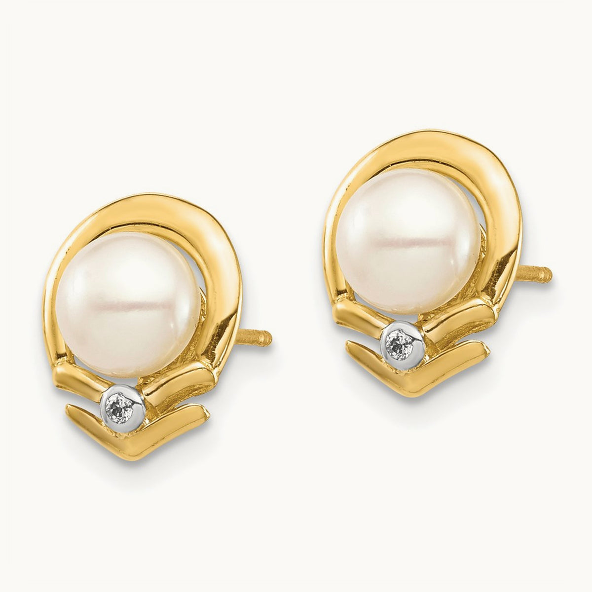 5- White Button FW Cultured Pearl .02ct Diamond Post Earrings, 14K