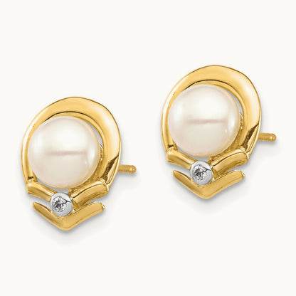 5- White Button FW Cultured Pearl .02ct Diamond Post Earrings, 14K