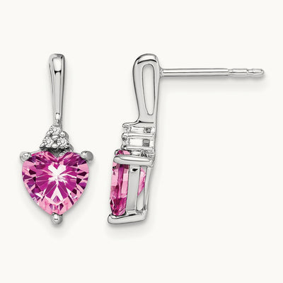 Created Pink Sapphire and Diamond Heart Earrings, 14K White Gold