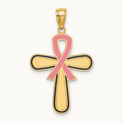 Enamel Pink Ribbon Breast Cancer Cross, 14K