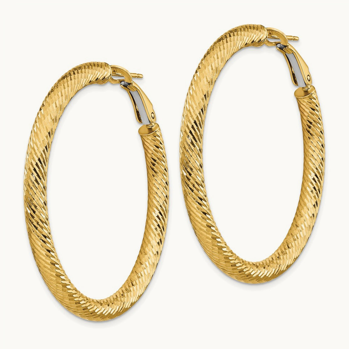 Diamond-cut Round Omega Back Hoop Earrings — 14K Yellow Gold, 4x45mm