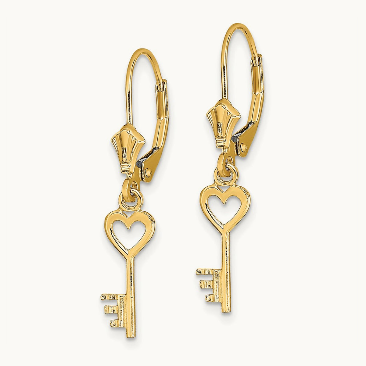 Polished Heart Key Leverback Earrings — 14K Yellow Gold