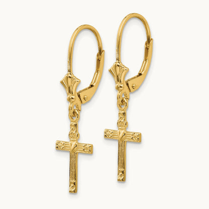 Mini Cross with Heart Leverback Earrings — 14K Yellow Gold