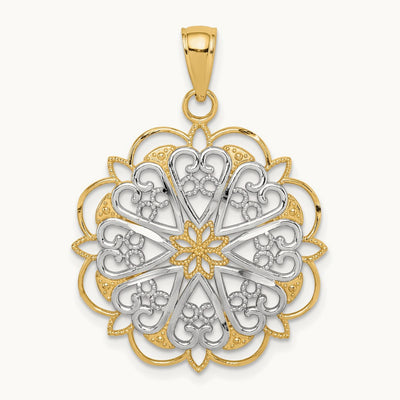 w/Rhodium Filigree Hearts W/Scalloped Edge Pendant, 14K