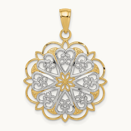 w/Rhodium Filigree Hearts W/Scalloped Edge Pendant, 14K
