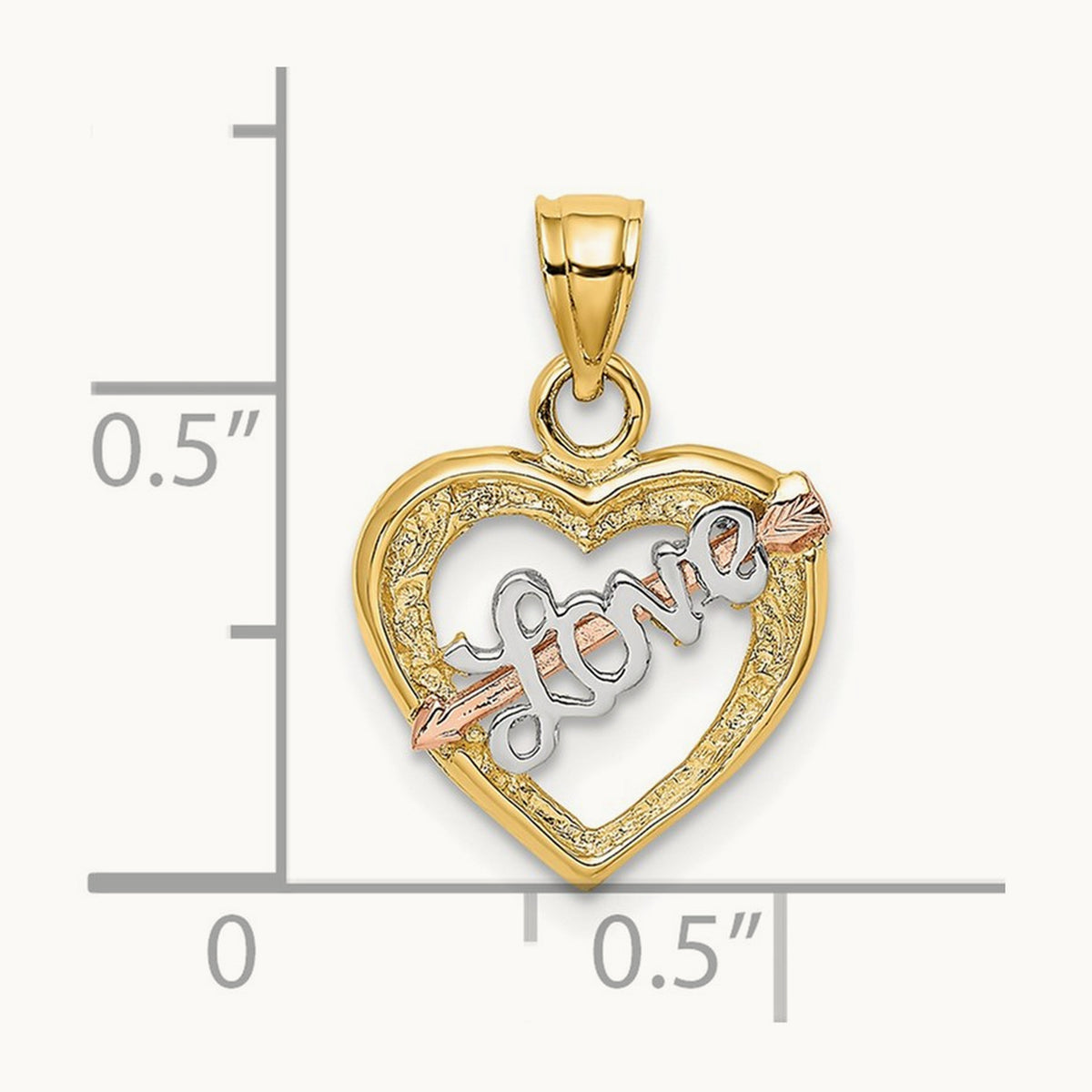 w/ White Rhodium LOVE Heart w/ Arrow Charm, 14K Yellow with Rose Gold